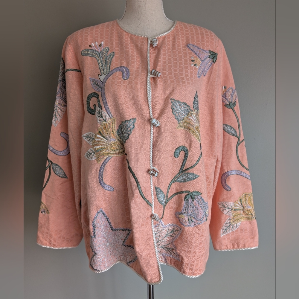 Indigo Moon Embroidered Jacket with Toggle button size L Floral Embroidery